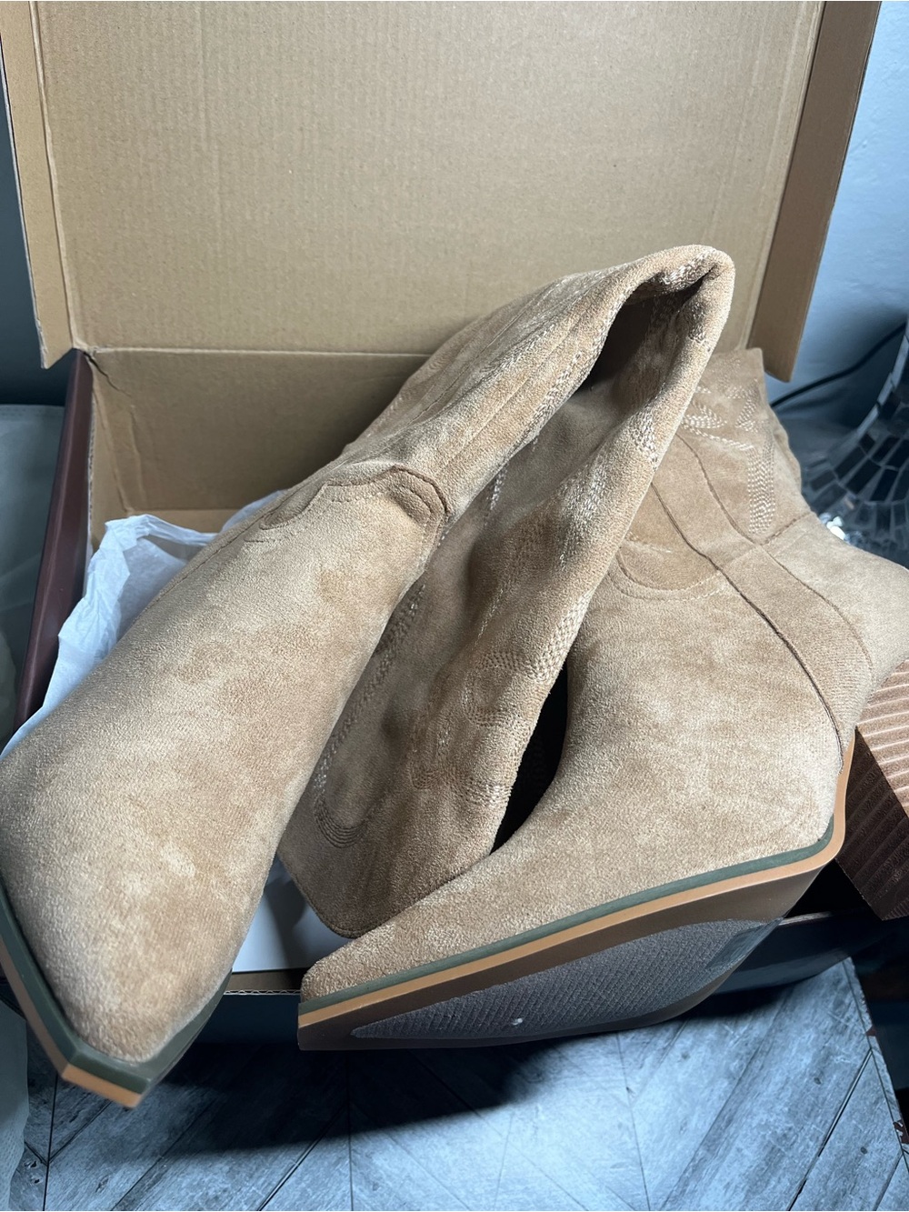 Over-the-Knee Beige Suede Western Boots - Picture 8 of 14